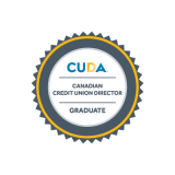 Circle-shaped badge in muted colors, reading ‘CUDA Canadian Credit Union Director Graduate.’